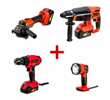 Набор аккумуляторного инструмента GTM: КШМ, Перфоратор, Дрель, Фонарь + 2 АКБ (4Ач) и ЗП